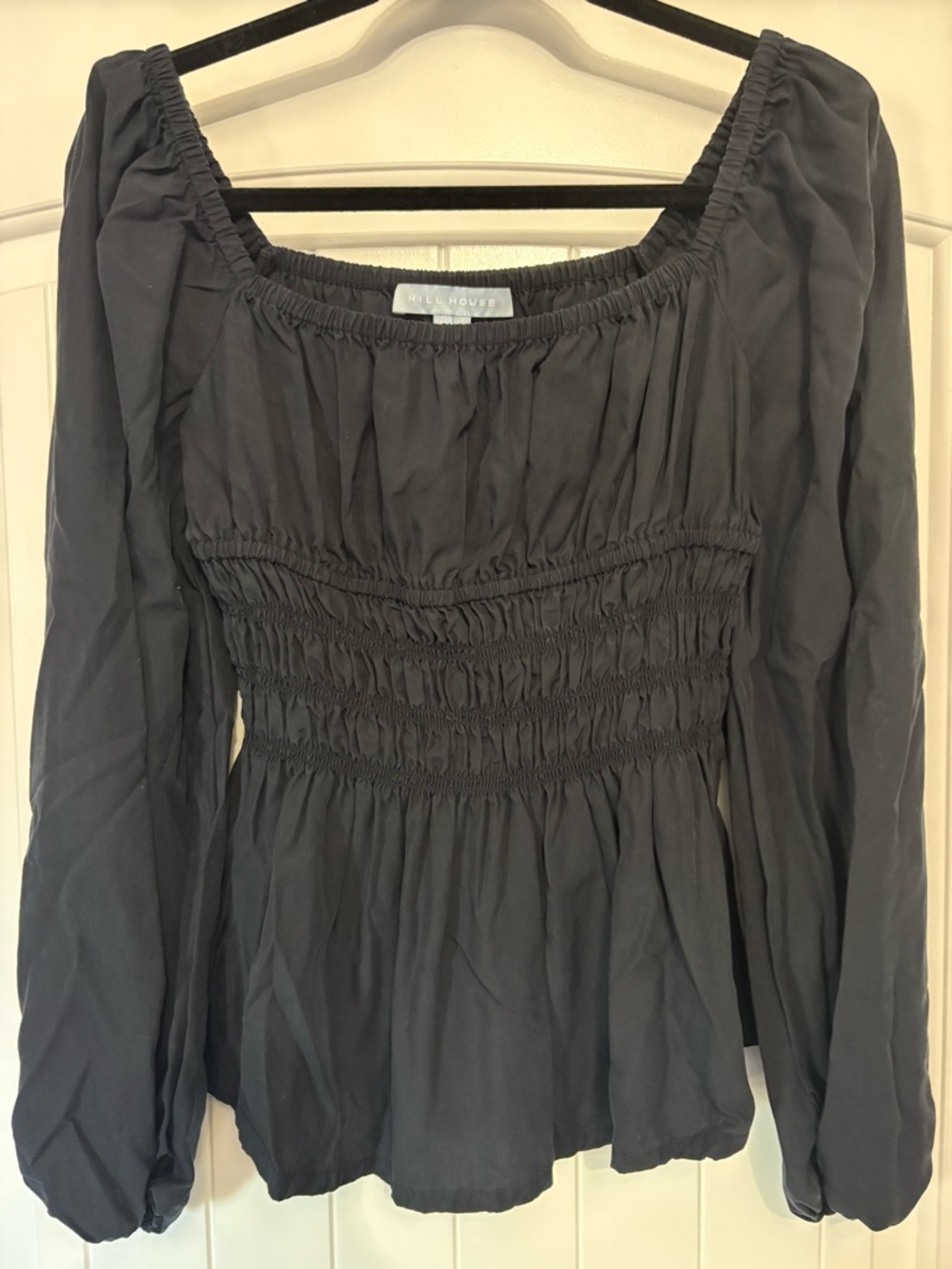 Hill House Black Smocked Square-Neck Blouse